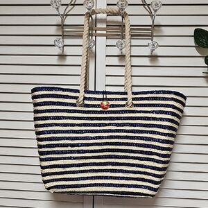 New Lancome Blue and Cream Striped Straw Tote With Rope Handles